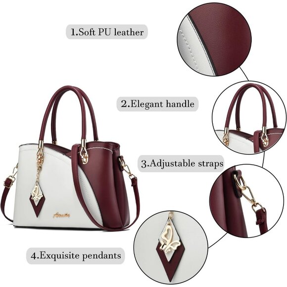 Women’s Tp Wine White PU Leather Tote Satchel | Crossbody Shoulder Handbag - Picture 7 of 7